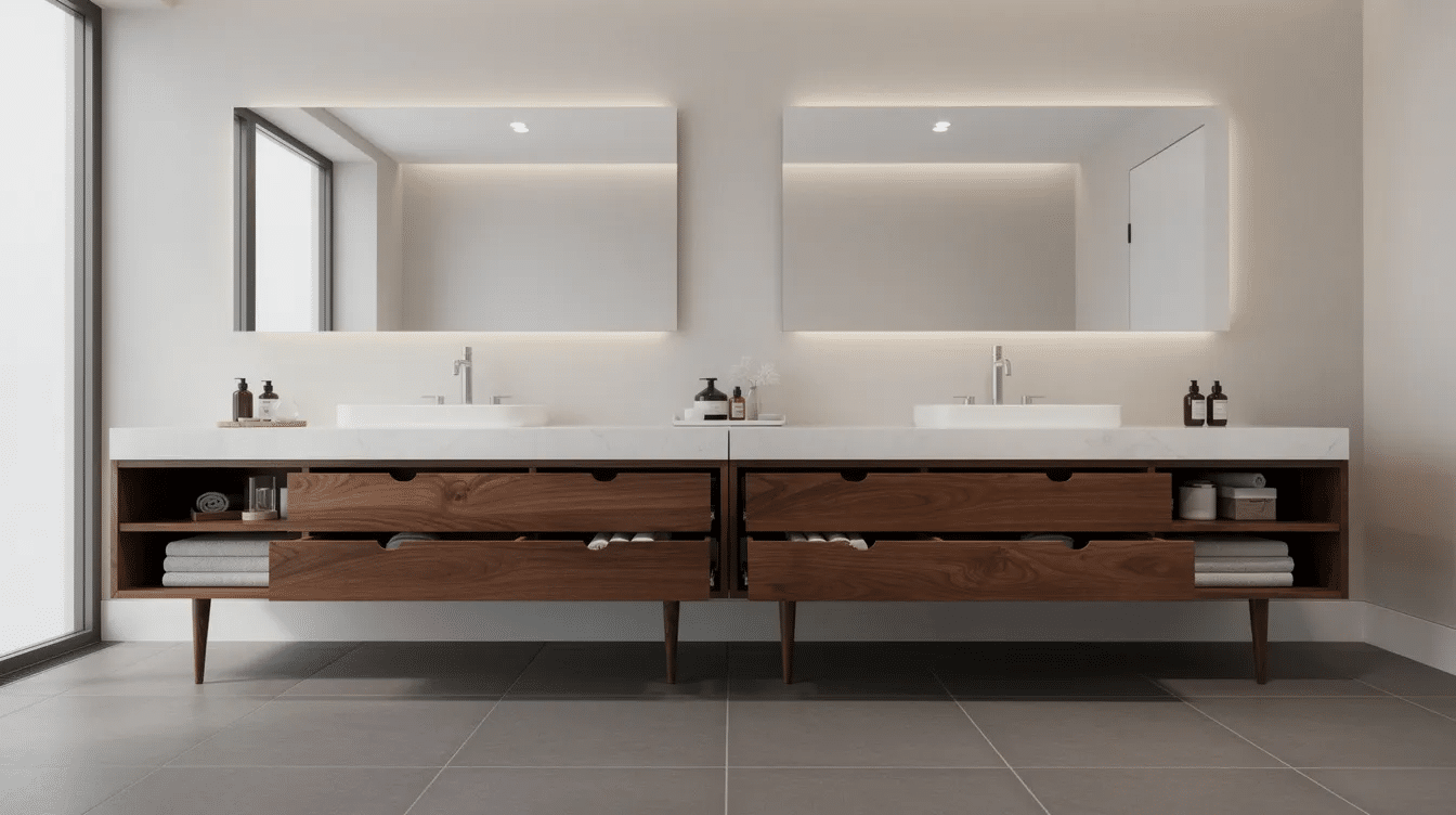 57906b13-8512-4d9f-96de-425a02e260b4 - Ranch Style Homes USA The image showcases a spacious master bathroom featuring large mid century modern floating vanities with dual undermount sinks, crafted from natural wood tones. These stylish vanities, supported by tapered legs, offer ample storage with separate drawers and open shelves for easy access to bathroom essentials, all set against a backdrop of clean white walls that enhance the contemporary design.