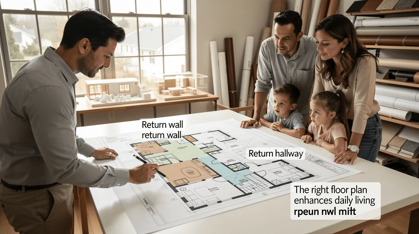 5a8298a7-8828-46b3-a6b6-6652955e5a63 - Ranch Style Homes USA This image showcases a thoughtfully designed 2500 sq foot home floor plan, featuring an open concept layout that enhances living space and meets the family's specific needs, including a laundry room and a master closet. Architectural elements like return walls help define areas while promoting visual and functional separation within the house.