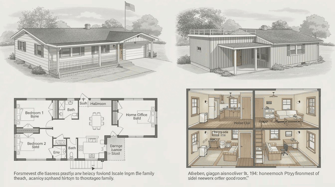 5b845755-d236-4430-ac1c-cca49ee340be - Ranch Style Homes USA The image depicts a cozy 1940s ranch house featuring a front door that opens into a bright entryway, with a spacious living area that includes a fireplace and large windows allowing natural light to fill the room. The layout showcases two bedrooms and a single hall bathroom, highlighting common functional shortcomings of this style, while also presenting creative renovation ideas for modern families.
