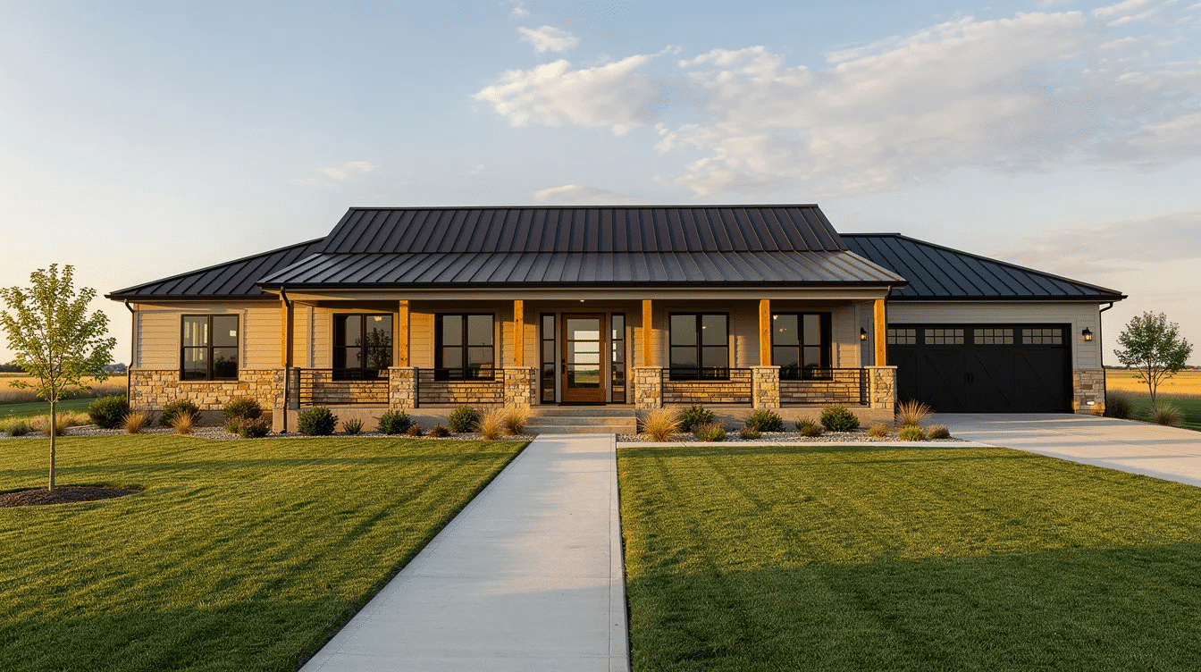 5d1ab31e-0e0f-4f59-91e6-93ccd208ec8e - Ranch Style Homes USA This image showcases a beautifully designed custom ranch home featuring an open floor plan, large windows that allow natural light to fill the living space, and a welcoming porch. The one-story layout emphasizes simplicity and comfort, making it an ideal choice for families and those seeking efficient, one-level living.