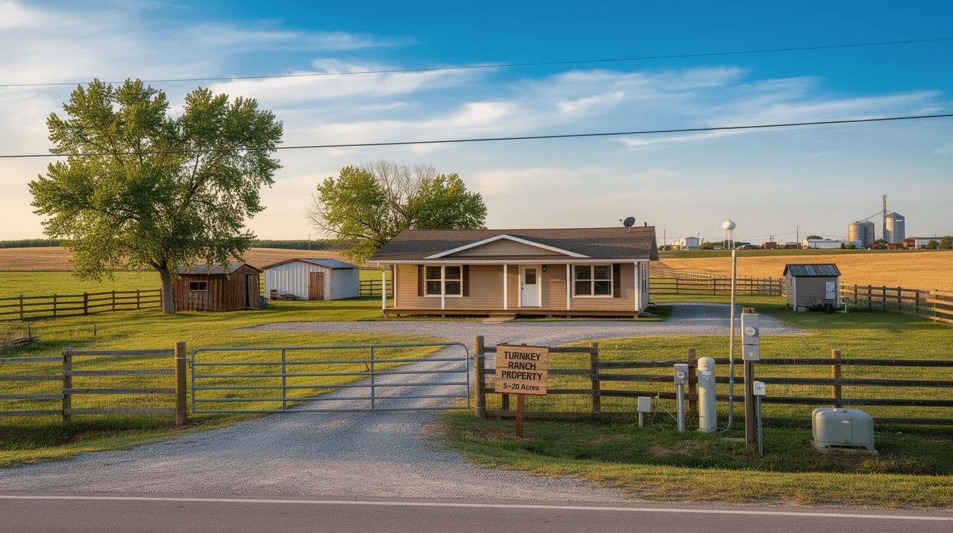 5f1a5597-1143-4beb-825d-693de89cf7c8 - Ranch Style Homes USA The image depicts a picturesque rural property in Jackson County, showcasing a classic ranch-style house set on a 5-20 acre tract with paved road frontage. Surrounded by wide open spaces and natural beauty, this property offers exceptional opportunities for first-time ranch buyers to raise livestock and explore agricultural potential, all just minutes from town.