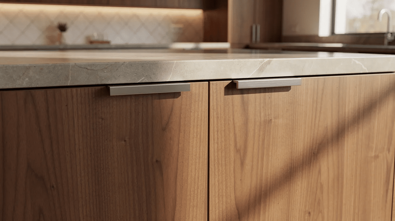 5fb6879d-b67a-4dd5-a025-bfe939d91cf1 - Ranch Style Homes USA The image features a close-up view of natural walnut wood cabinetry paired with elegant stone countertops, showcasing the clean lines and innovative designs typical of mid-century modern style in a kitchen setting. The warm wood tones and natural elements create a harmonious and inviting atmosphere, reflecting the architectural design principles of mid-century modern homes.