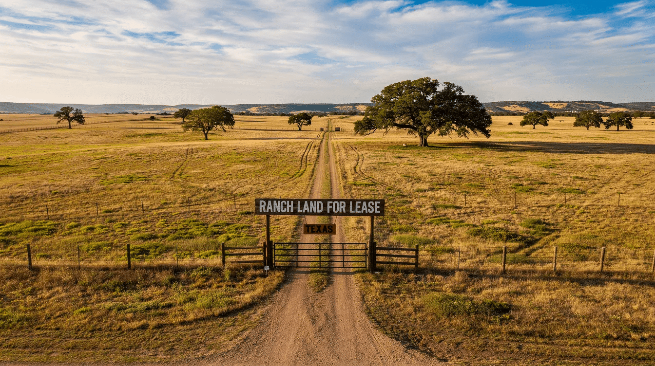 61cdb6d5-fc64-4b04-9151-de3f3003a872 - Ranch Style Homes USA The image depicts a vast expanse of ranch land for lease in Texas, showcasing open pastures ideal for livestock grazing and agricultural production. The landscape includes rolling hills and a clear blue sky, representing a prime opportunity for landowners looking to generate income through cattle or crop farming.