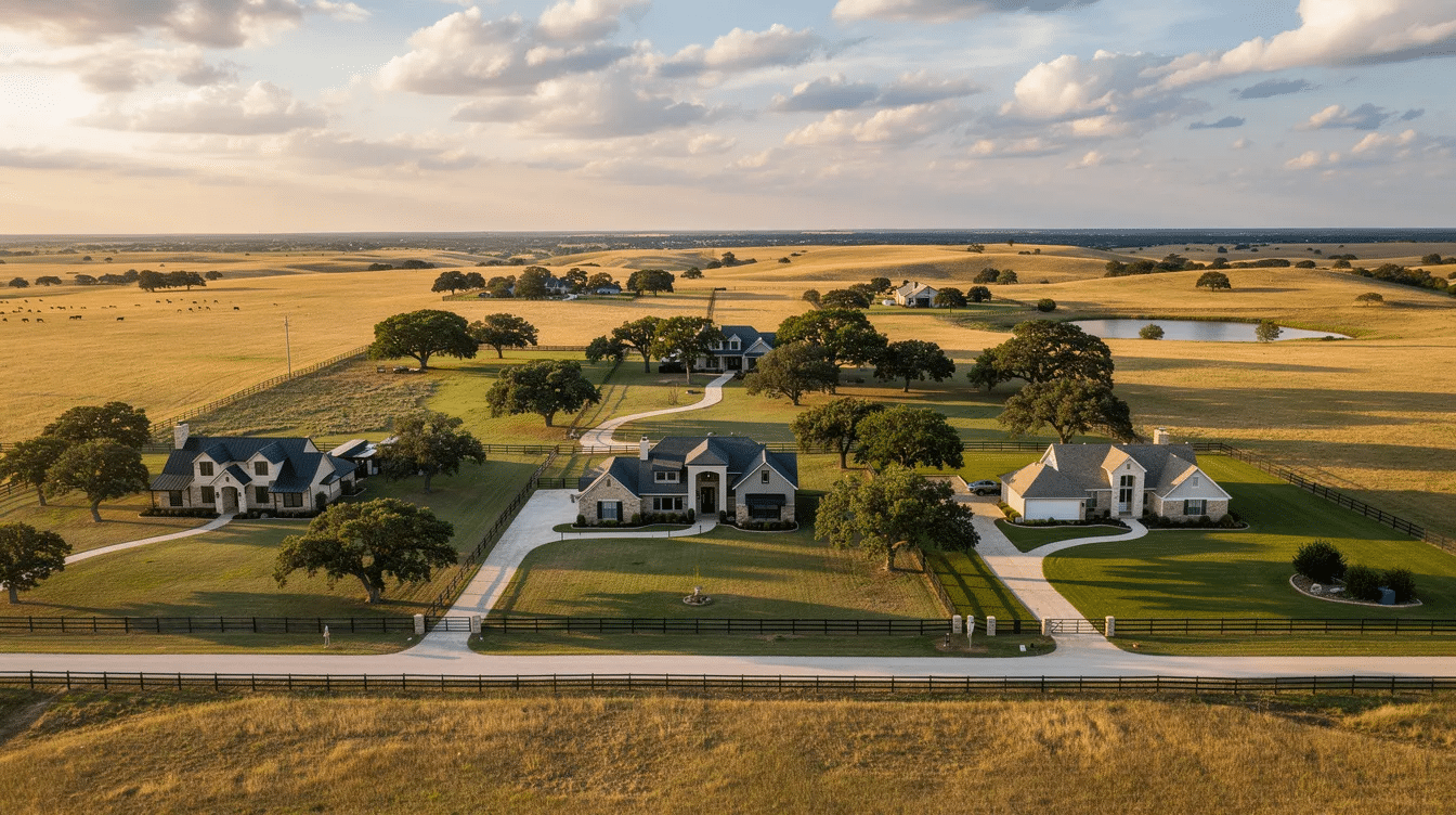 63f442e1-58b0-4461-b8d7-9ca56f57465b - Ranch Style Homes USA The image showcases a variety of Texas houses with land for sale, set against a backdrop of sprawling acreage in a picturesque country setting. These properties, located in regions like South Texas and Central Texas, feature details that appeal to potential buyers, including access to water and proximity to schools, making them ideal for families looking for a personal retreat.