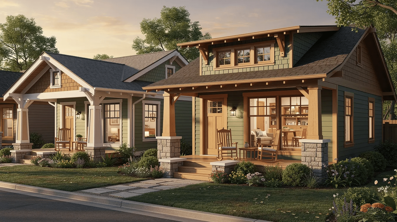 650d4cfe-81e3-4cb4-86c9-2302e7e3d872 - Ranch Style Homes USA The image showcases a charming craftsman bungalow, featuring a low pitched roof, tapered porch columns, and multi-divided windows that highlight its connection to the arts and crafts movement. With spacious open floor plans and natural woodwork, this bungalow home beautifully blends traditional architecture with modern functionality, making it an ideal choice for families.