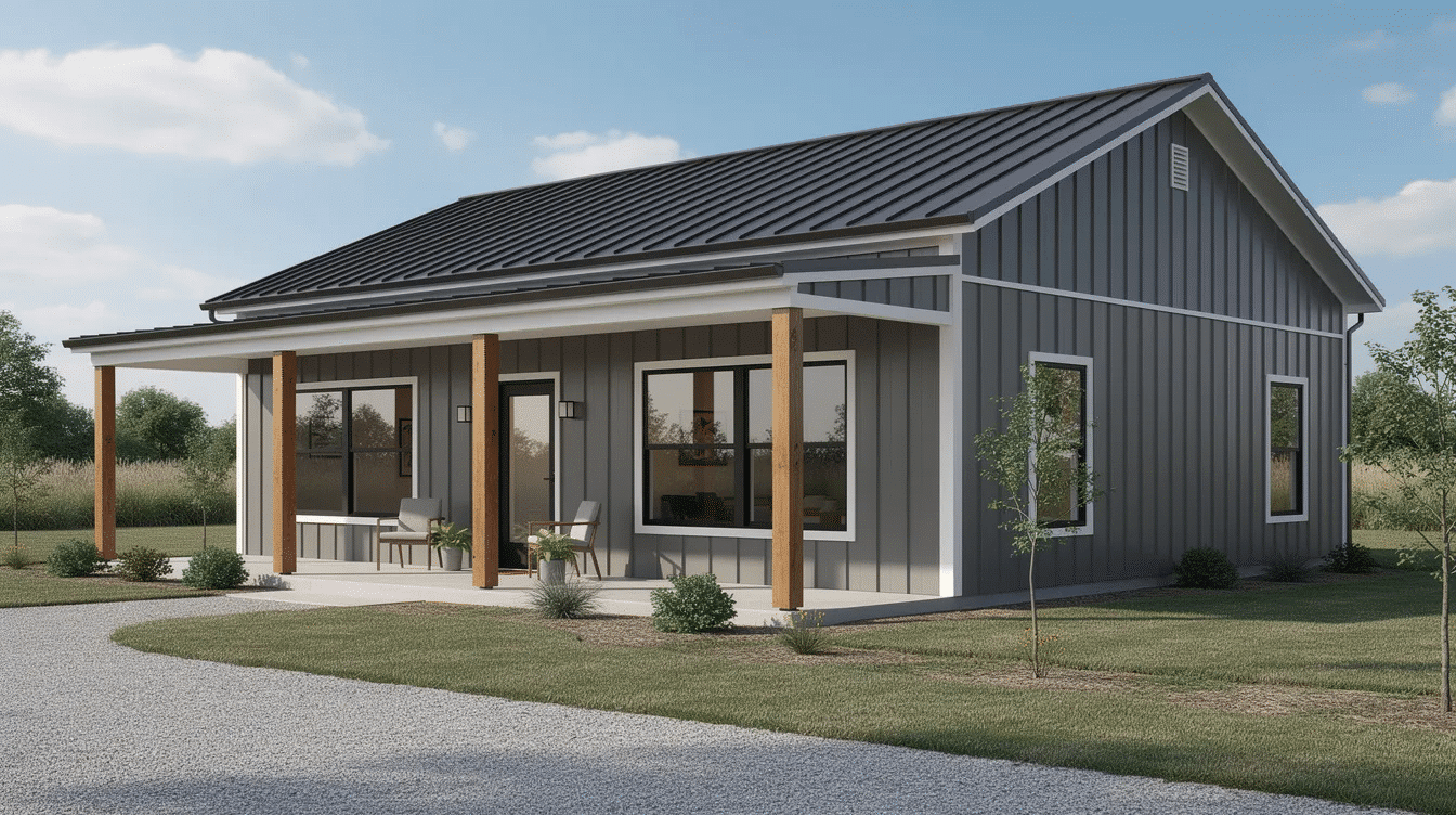 658ac675-a500-45c3-bb8a-3c327304de27 - Ranch Style Homes USA The image showcases a modern barndominium featuring sleek metal siding and a spacious covered front porch, blending elements of ranch house design with contemporary construction. This structure is ideal for accommodating both residential and agricultural needs, providing a great space for living and storing equipment.