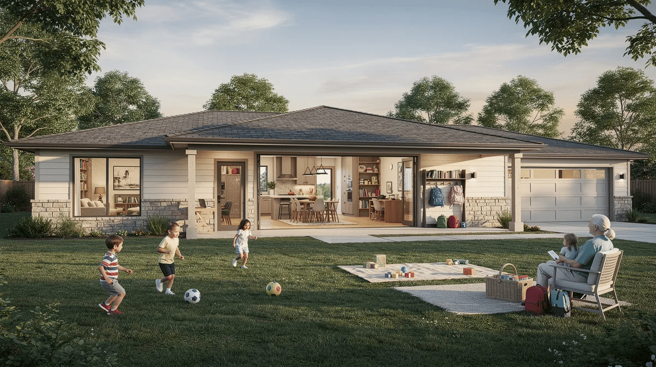 664170ac-0af1-48a5-8593-8b19417cf10e - Ranch Style Homes USA The image depicts a spacious long ranch house featuring an open floor plan that seamlessly connects the kitchen, dining area, and great room, all bathed in natural light from large windows. This single-story modern ranch style home includes private bedroom wings for added privacy, along with practical mudrooms near the attached garage for convenient organization of family belongings.