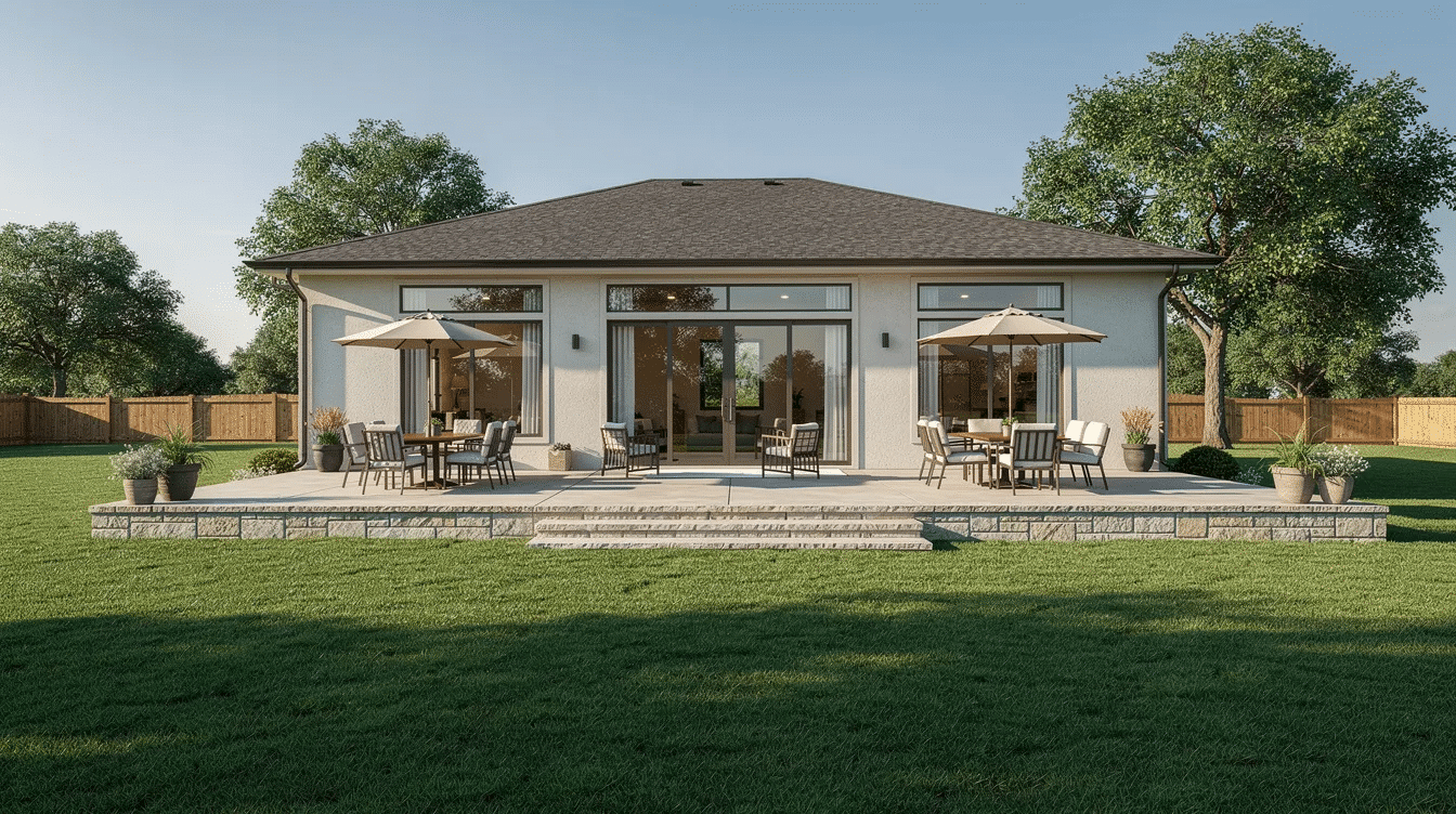 66f9eeec-bae8-4f37-a738-9f091994cfd5 - Ranch Style Homes USA The image depicts a spacious ranch-style home backyard featuring a well-maintained lawn area and a cozy patio, ideal for outdoor gatherings. This inviting space showcases the charm of ranch homes, perfect for those looking for properties in Chicago's real estate market.