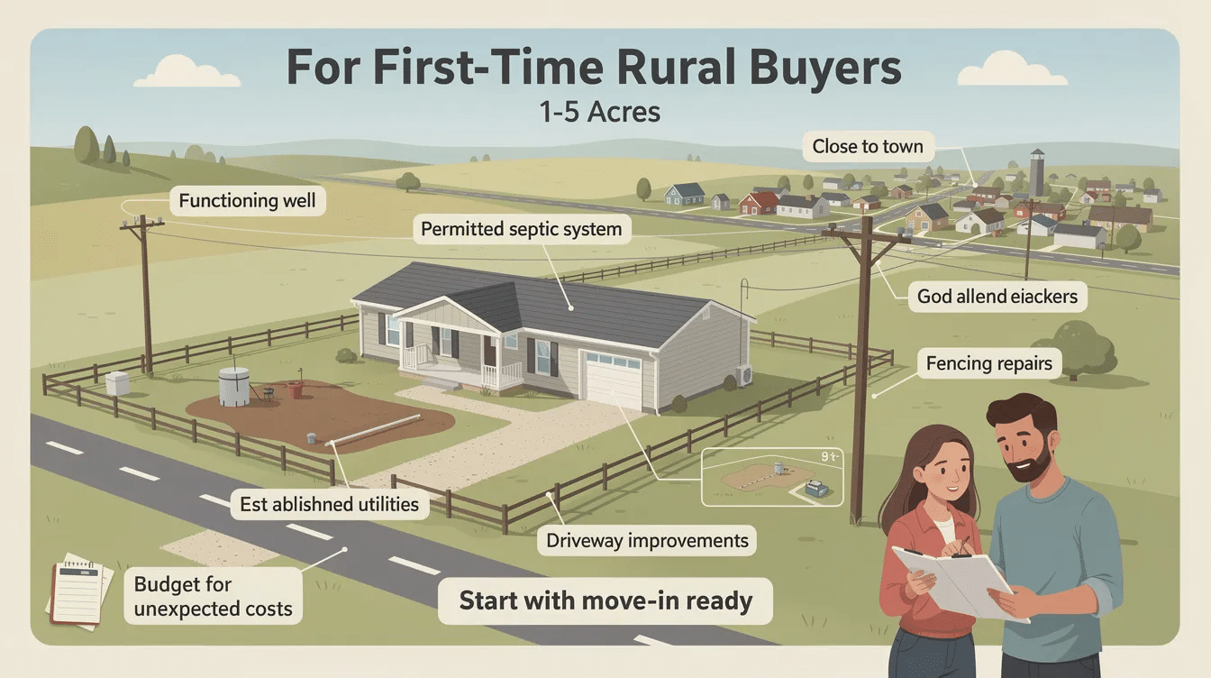 67731f38-5786-44f1-937e-fbd493b54b26 - Ranch Style Homes USA The image depicts a picturesque rural property in Texas, showcasing a modest ranch house set on 1-5 acres of land, surrounded by lush greenery and open space. This property is ideal for first-time buyers, featuring established utility connections and easy access to nearby towns, perfect for those transitioning from urban living.