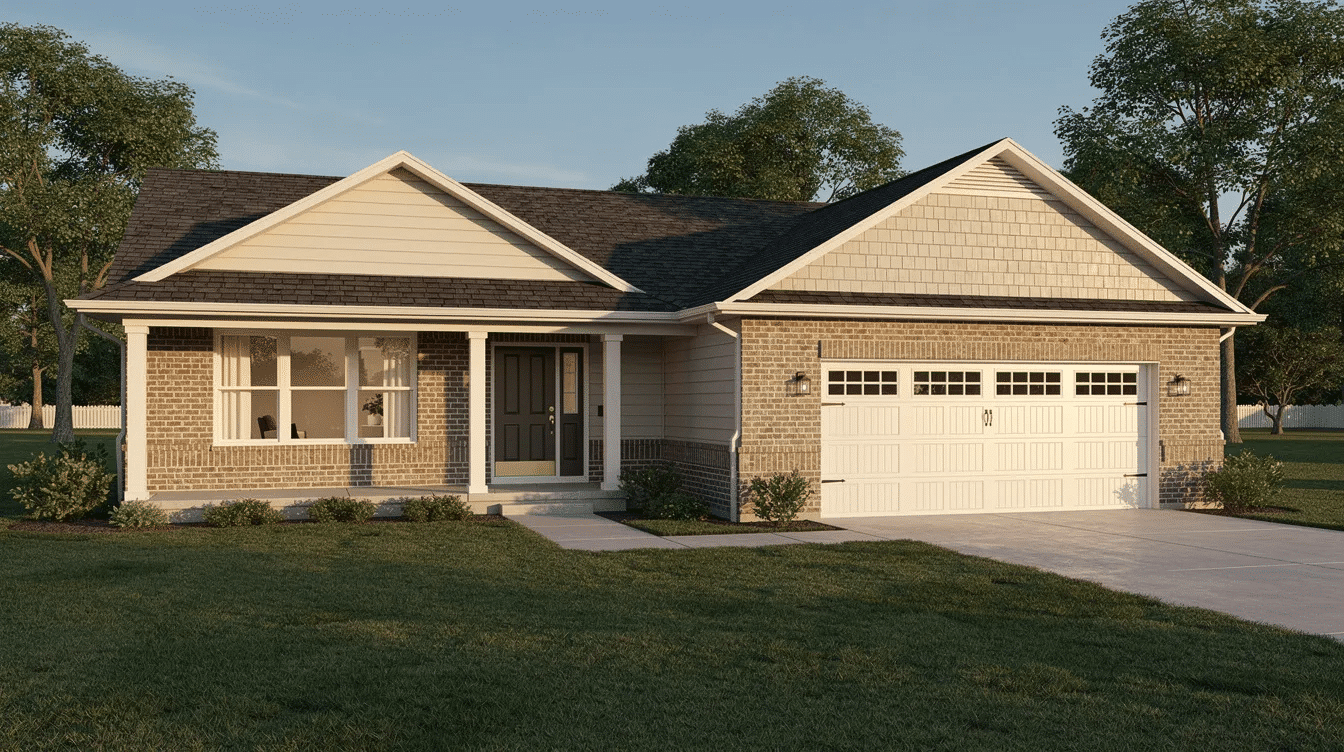 67c773fe-a70d-40d6-a1eb-50d338dc1abf - Ranch Style Homes USA The image shows the exterior of a classic tri level ranch home featuring a brick facade and an attached garage, with a welcoming front door that leads into the main living area. The split level design offers a unique layout, showcasing the home's modern style and spaciousness.