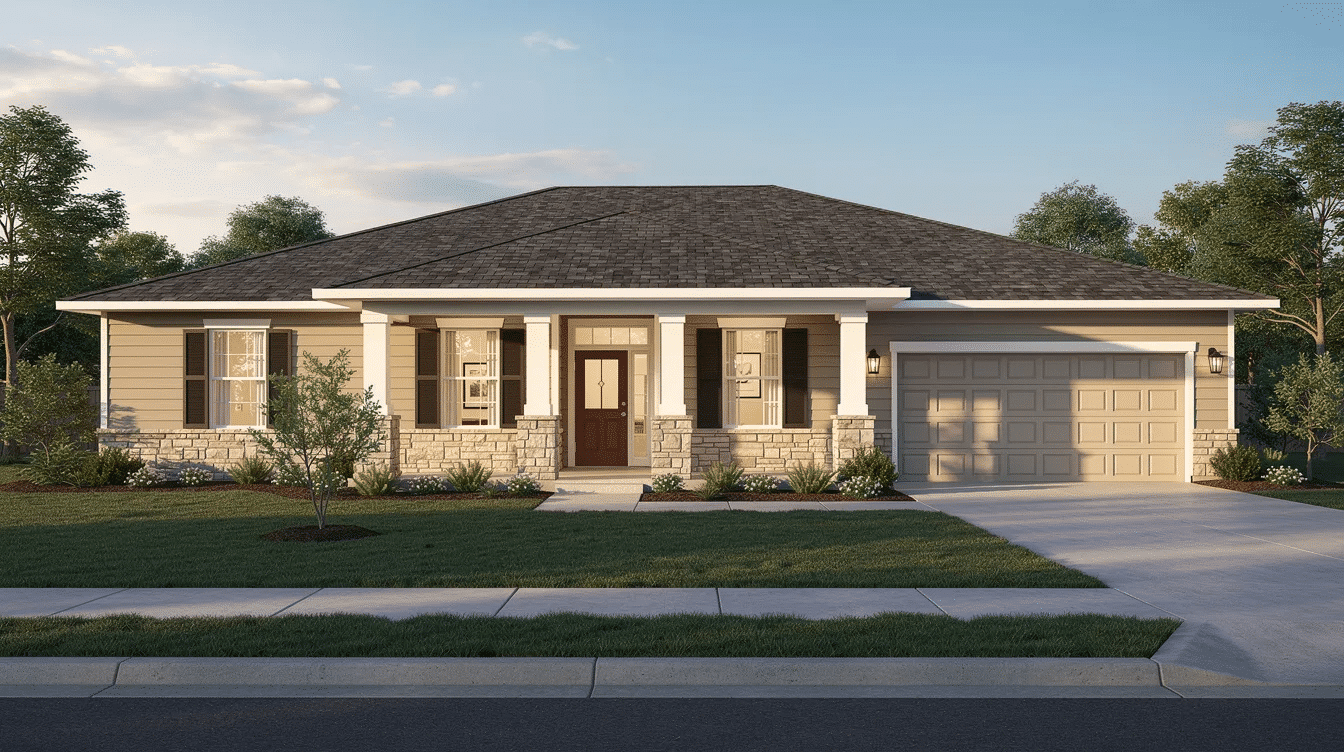 6bbae716-6d11-4e08-9de6-f8d89792da73 - Ranch Style Homes USA The image depicts a hip roof ranch house featuring a spacious exterior with a welcoming porch and large windows. The design includes sliding glass doors leading to a rear patio, and the layout accommodates two family bedrooms, a full bath, and a dining area, embodying modern ranch house plans.