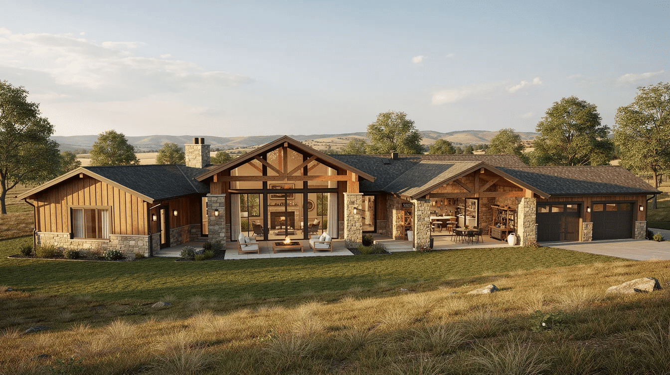 6d7a35b4-b5af-47d0-a844-cadfa0e0d2ca - Ranch Style Homes USA The image showcases a sprawling ranch house plan designed for wide lots, featuring an L-shaped layout that creates protected outdoor spaces and an attached garage for multiple vehicles. This single-story home highlights the timeless appeal of ranch style architecture, with large windows allowing natural light to fill the open living spaces, making it ideal for families and hobbyists alike.