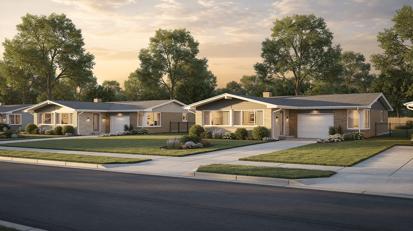 6ed52bae-b701-412c-bf22-ca14f5ac74c0 - Ranch Style Homes USA The image showcases a charming ranch-style home, featuring a spacious front yard and a welcoming entrance, typical of ranch homes for sale in North Carolina. The design reflects a single-story layout, emphasizing accessibility and comfort, ideal for prospective property consumers looking for a cozy residence.