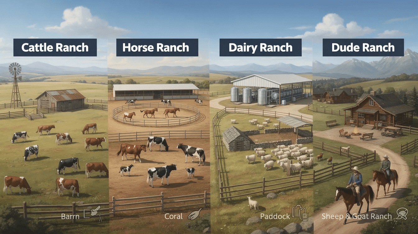 702b34b6-eebc-4f2f-a74e-603a3166fc39 - Ranch Style Homes USA The image showcases various types of ranches found in the American West, including cattle ranches and dude ranches, set against a backdrop of open plains and dense forests. It highlights ranchers engaged in raising livestock, with horses and cattle grazing freely across large tracts of land, embodying a deep connection to the environment and outdoor activities like horseback riding and hunting.