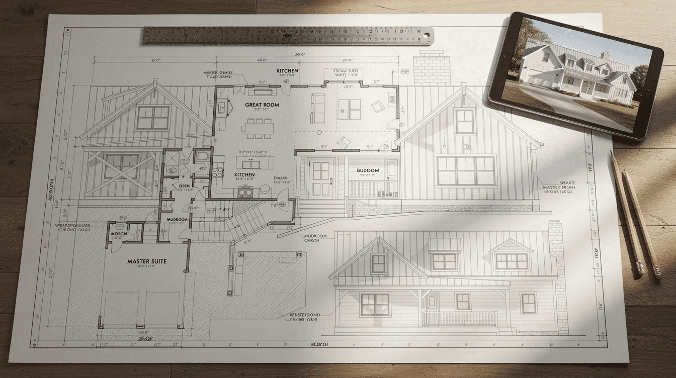 70973b1e-69b6-4199-9515-fb847b26c2f4 - Ranch Style Homes USA This image showcases a variety of custom farmhouse home plans, highlighting modern farmhouse designs that blend rustic charm with modern amenities. The plans feature open layouts, spacious kitchens, and large windows that invite natural light, perfect for everyday family life and entertaining guests.