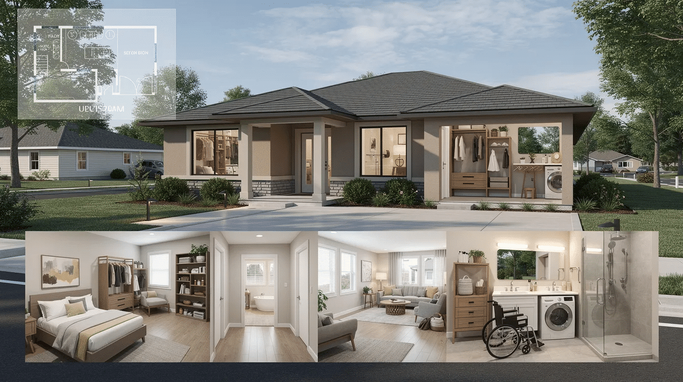 71e5586a-b453-44c1-a71c-3276d8e555a5 - Ranch Style Homes USA The image showcases a spacious single-story ranch home designed for empty nesters and aging in place, featuring an open floor plan with large windows that invite natural light. This ranch style house includes a luxurious primary suite with a spa-inspired bath, accessible bathrooms with grab bars, and an inviting outdoor living space, ensuring easy living for homeowners of all ages.