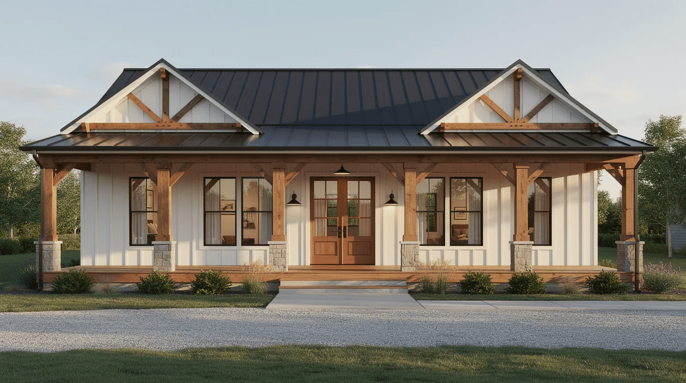72c9236f-8efe-4d08-8ea4-2c7d1769a573 - Ranch Style Homes USA A modern farmhouse ranch house features a deep front porch with timber accents, sliding glass doors, and a hip roof design. The exterior showcases a welcoming space with multiple family bedrooms and a rear patio, perfect for outdoor gatherings.