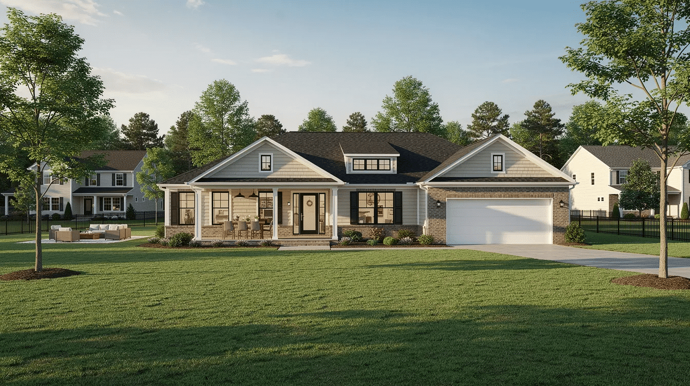 7542cc8d-07bf-48d4-9dad-bf7ac2fa1725 - Ranch Style Homes USA The image showcases spacious ranch style homes for sale in Raleigh, NC, featuring 3-4 bedrooms and expansive living areas. These properties, with square footage ranging from 1,500 to 2,500 sq ft, sit on generous lots of 0.5-1 acre, ideal for family activities and outdoor living.