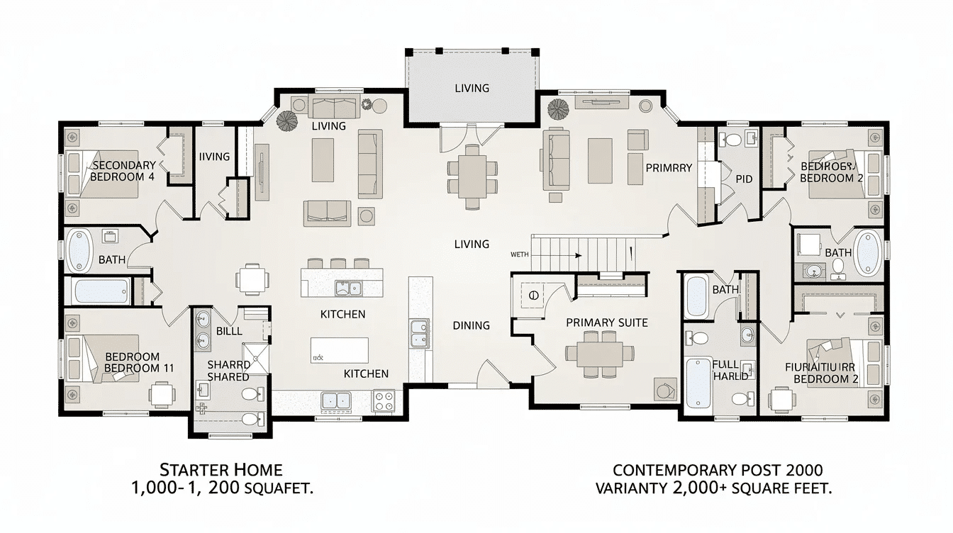7548e7b7-22d5-4b47-ae1c-a7c1db705d07 - Ranch Style Homes USA The image depicts the interior layout of a hip roof ranch house, showcasing an open floor plan that includes a spacious dining area, two family bedrooms, and a primary suite. Large windows and sliding glass doors lead to a rear patio, emphasizing the home's organized design for efficient daily living.