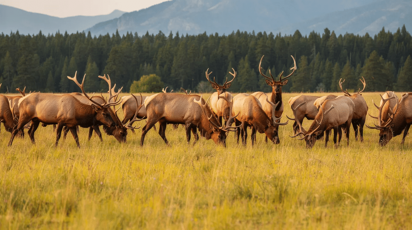7579b481-8419-4c79-a701-4e356973fdd9 - Ranch Style Homes USA A herd of elk grazes peacefully in an open meadow, surrounded by a lush pine forest in the background, showcasing a beautiful wildlife habitat typical of big sky country. This serene scene highlights the natural beauty and recreational opportunities that ranch property can offer.
