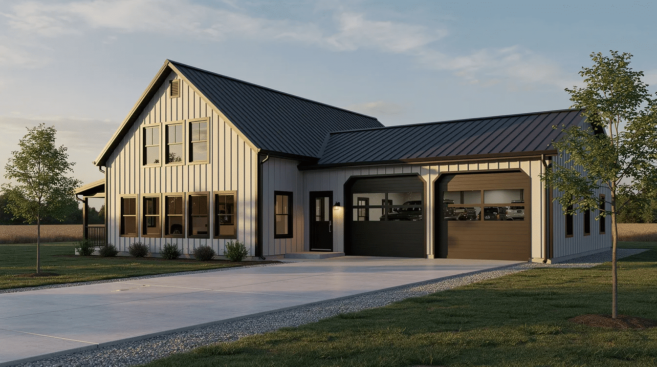 75f997ea-92ee-478d-8468-172e66c55fa3 - Ranch Style Homes USA The image depicts a modern barndominium style home featuring an attached shop space with large overhead doors, showcasing the practical design of metal buildings. This ranch style residence combines low maintenance materials with an open porch, offering both curb appeal and convenience for storage and entertaining.