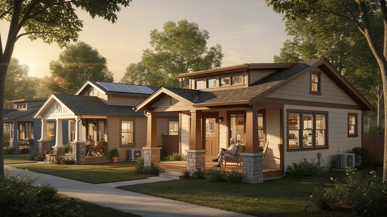 76076cd2-b0ba-49e0-9ed2-d5dc3bdf35b5 - Ranch Style Homes USA The image showcases a cozy craftsman cottage, featuring a covered front porch with tapered columns and dormer windows that invite natural light. This small-scale home, designed for simplified living, embodies traditional craftsmanship with its open floor plan and energy-efficient amenities, making it an ideal choice for first-time buyers or retirees.