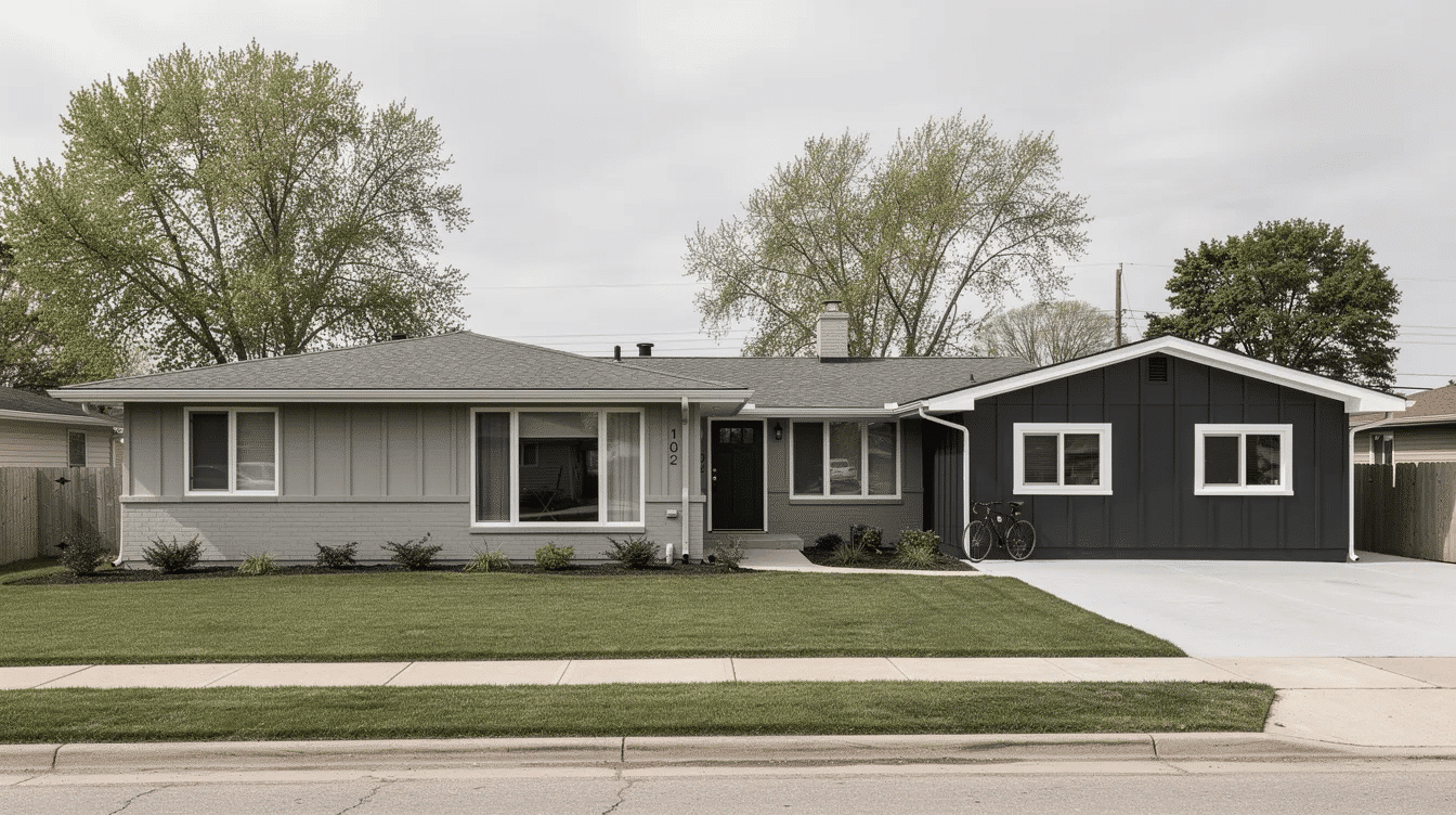 76ede5a2-cc18-4deb-9598-3e7953c6d4e8 - Ranch Style Homes USA The image showcases a modern ranch-style home featuring a sophisticated exterior color scheme with light gray siding and dark trim. This combination enhances the home's curb appeal while blending harmoniously with the natural surroundings, reflecting the architectural style of mid-century communities.