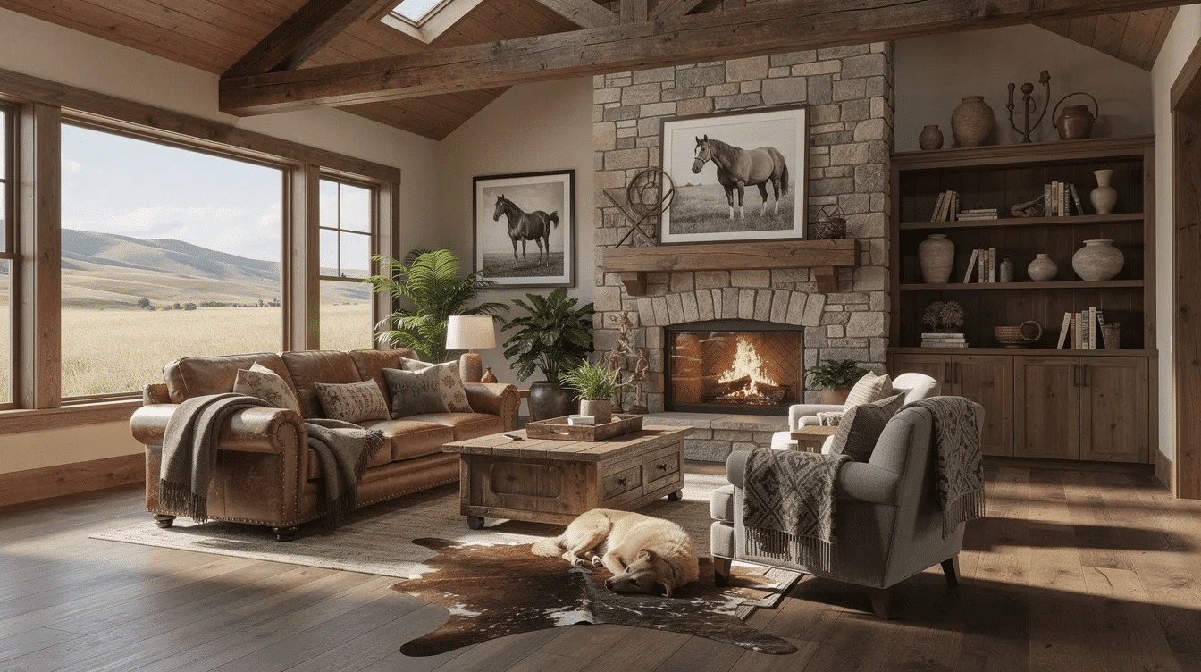 7a0866e5-efe0-431d-ab77-79d20035ef1c - Ranch Style Homes USA The image depicts a cozy ranch house featuring a hip roof, large windows, and sliding glass doors that open to a spacious rear patio. Inside, the layout includes two family bedrooms, a full bath, and an inviting dining area, creating a perfect space for family living.