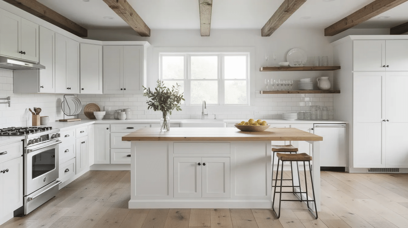 7cb091ff-62e8-4824-9e46-093dd9588462 - Ranch Style Homes USA The image depicts a stylish farmhouse kitchen featuring white cabinets, an apron sink, and exposed wooden ceiling beams, complemented by a large island and ample natural light streaming through large windows. This inviting space embodies the charm of a dream home with a modern farmhouse design.