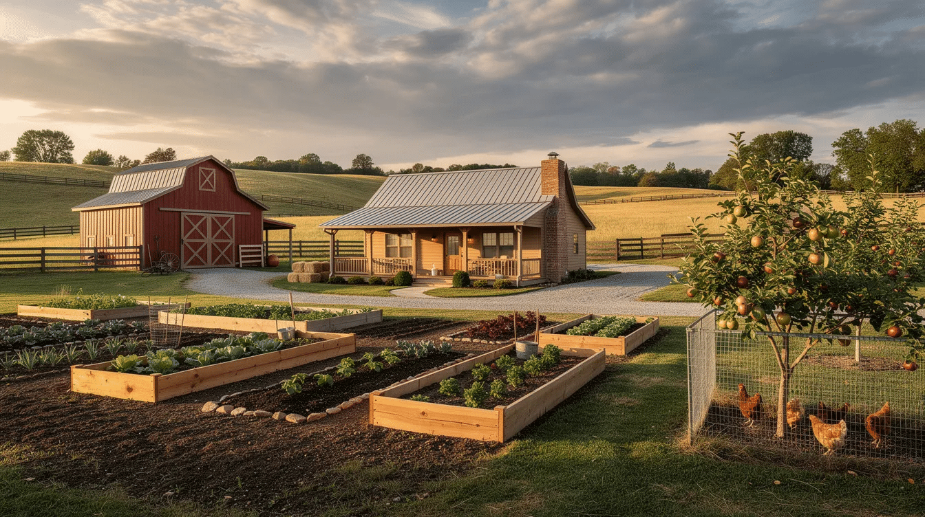 7cc08b88-7861-4210-a544-239e6d75392e - Ranch Style Homes USA This image showcases a picturesque hobby farm and homesteading ranch located in Jackson County, featuring wide open spaces and fertile land ideal for small-scale agriculture. The property offers existing barns and garden spaces, presenting an exceptional opportunity for buyers to create their own private retreat and explore endless potential for crops and livestock.