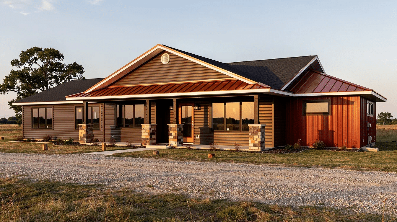 81d79d37-f75f-4748-93c7-1725b2b2a13e - Ranch Style Homes USA A sprawling ranch-style house features rich sable brown vinyl siding paired with warm white trim and stone columns, creating a cozy and grounded aesthetic. The exterior, accented with black-framed windows and a copper-colored metal awning, showcases earthy tones and rustic reds that enhance the home's curb appeal while reflecting its architectural style in a rural landscape.