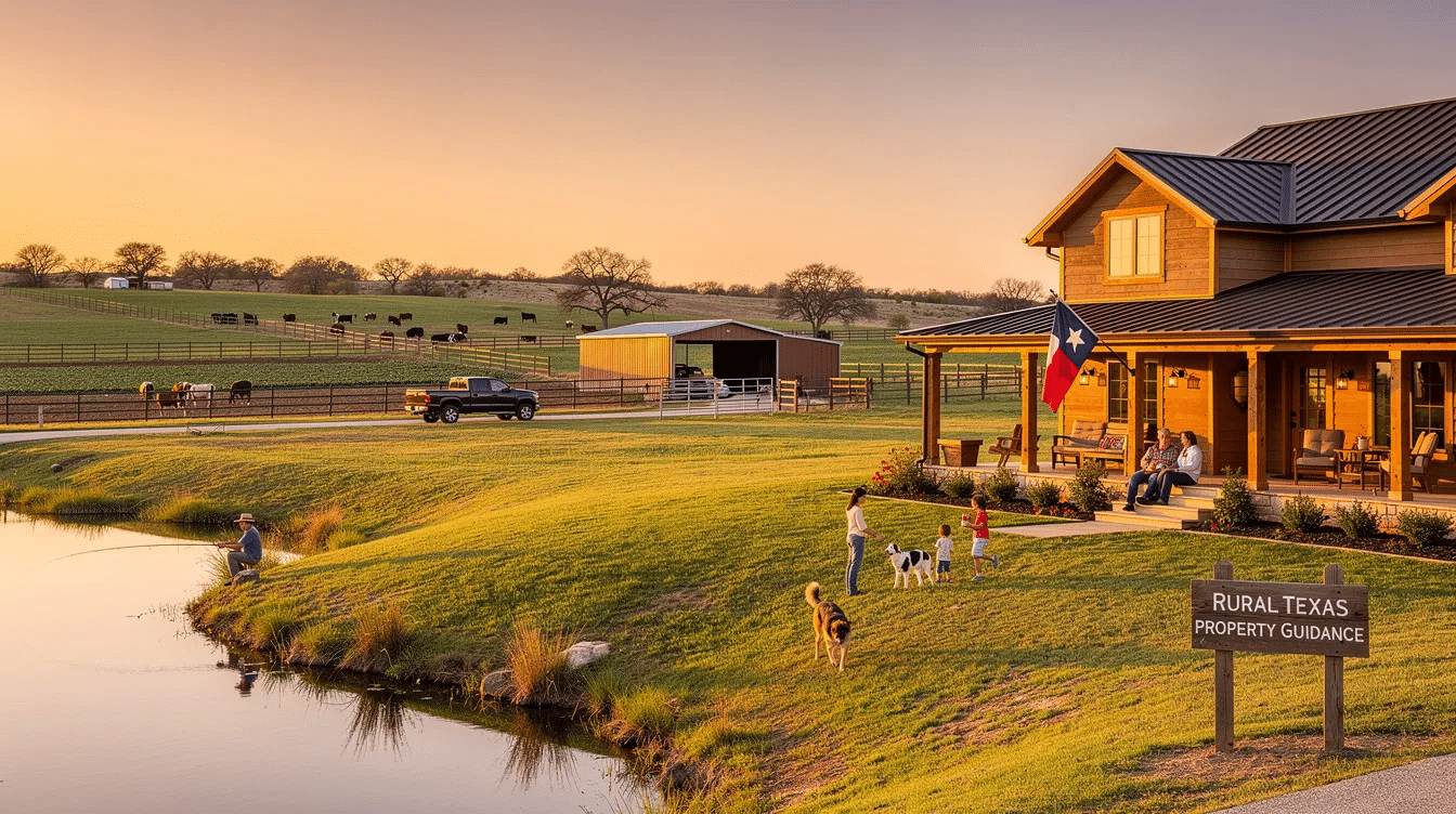 829c055b-4f17-45fa-88ed-7dd0736c6434 - Ranch Style Homes USA The image depicts a picturesque rural Texas landscape, showcasing expansive fields with productive soils, ideal for farming and ranching. This serene environment, characterized by open skies and clean air, represents the perfect property for prospective properties consumers seeking a tranquil lifestyle and long-term investment opportunities.