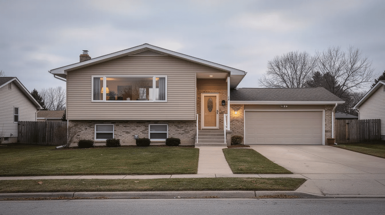 845409ab-3245-40d3-9167-d59973314bd9 - Ranch Style Homes USA The image showcases a charming raised ranch style home with a navy blue exterior and white trim, featuring large front windows and an inviting front porch. The landscaping includes greenery that enhances the home's curb appeal, while architectural details and color combinations create an aesthetically pleasing overall look.