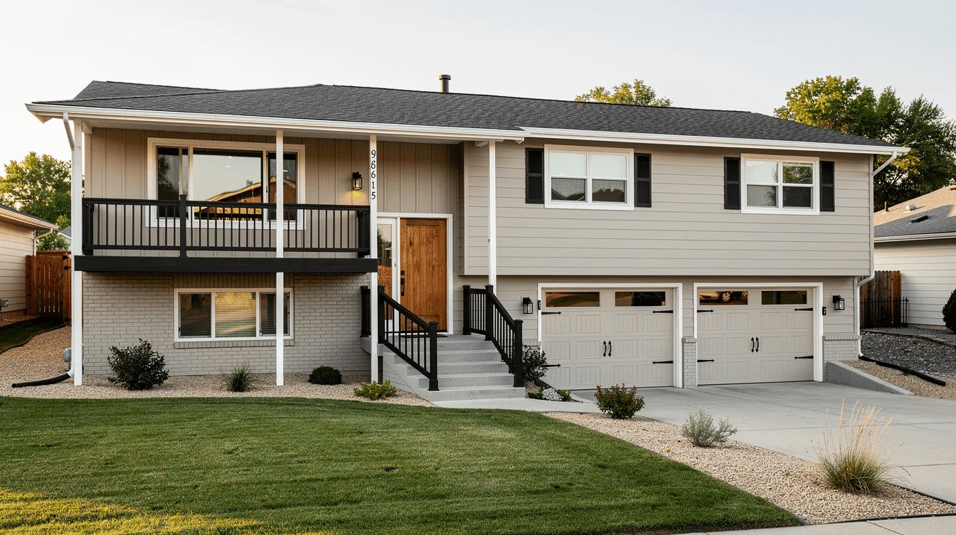 85a13597-9a87-4f28-9924-bf40d21a85e2 - Ranch Style Homes USA The image showcases a raised ranch style home featuring a warm greige exterior complemented by bright white trim and matte black accents on the railings and light fixtures. The inviting stained wood front door adds a touch of charm, creating a classic yet contemporary curb appeal that harmonizes beautifully with the surrounding landscape.