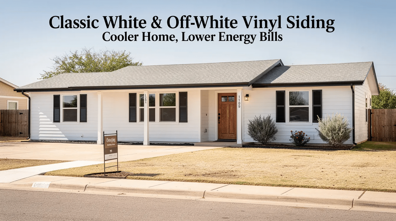 85ef0026-bd8e-40f4-a350-584c6c5fa034 - Ranch Style Homes USA The image showcases a classic ranch style house featuring off-white vinyl siding, complemented by black shutters and a stained oak front door, creating a timeless and modern exterior. The soft linen white siding enhances the home's curb appeal while reflecting sunlight, making it a practical choice for warm climates.