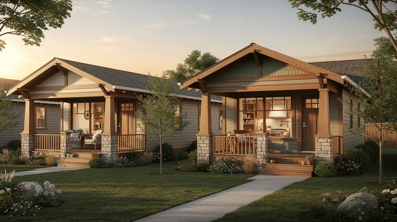 874d30cb-d6d7-45fa-8409-e2c5c30aba73 - Ranch Style Homes USA The image showcases a compact 1-2 bedroom bungalow designed in the craftsman style, featuring an open floor plan that seamlessly connects the kitchen, dining, and living areas. With a wide front porch and low pitched gable roof adorned with decorative brackets, this charming home exemplifies timeless curb appeal and efficient use of space, ideal for young couples or retirees.