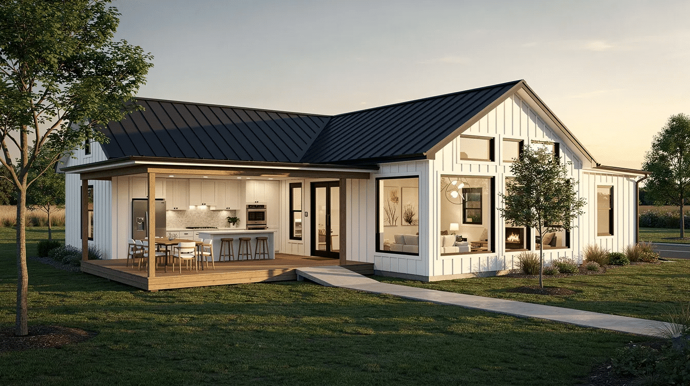 89bcd943-2103-4738-91df-501009a886d3 - Ranch Style Homes USA The image showcases a single-story modern farmhouse design, featuring a spacious open floor plan that seamlessly connects the kitchen, dining, and family areas. Large windows and a wraparound porch enhance the rustic charm, allowing natural light to flood the interiors while promoting an inviting atmosphere for everyday family life.