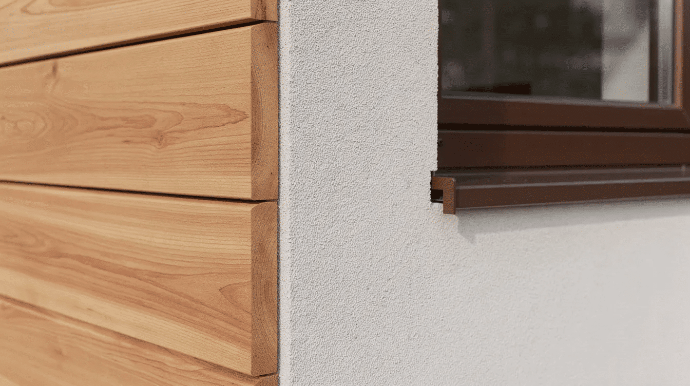 8d3f42a2-0fdb-4267-ba53-e314b0a61260 - Ranch Style Homes USA A close-up view captures the natural beauty of cedar siding meeting a textured stucco wall, highlighted by a sleek bronze window frame. This detail reflects the prairie style aesthetic, showcasing a harmonious blend of natural materials and clean lines typical of modern prairie homes.