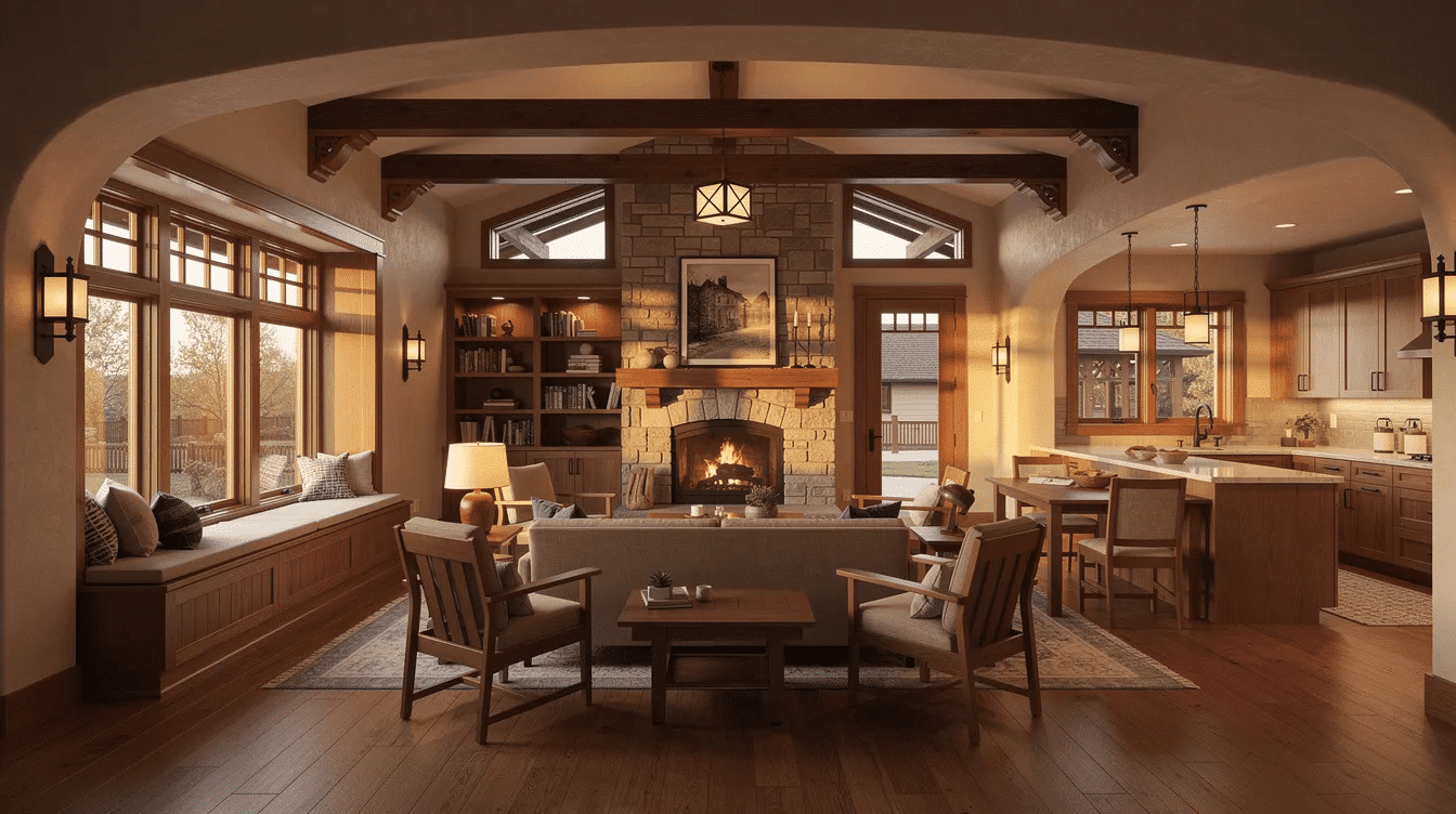 8e716da8-fe88-475a-92e5-0b4a3173e961 - Ranch Style Homes USA The image showcases a beautifully designed interior of a craftsman style house, featuring an open floor plan that connects the living, dining, and kitchen areas, creating an inviting atmosphere. Rich wood floors, exposed beams, and built-in furniture like window seats highlight the craftsmanship and use of natural materials that define the timeless appeal of craftsman homes.