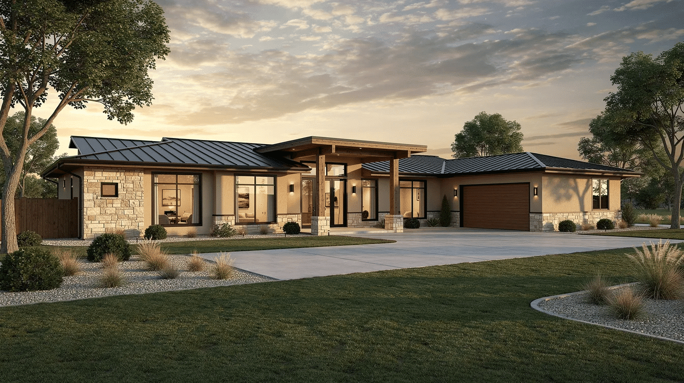 91ab4db1-6ee7-424a-a822-fb24d0bd246c - Ranch Style Homes USA This image showcases a beautifully designed custom ranch home featuring an open floor plan, large windows that allow natural light to fill the living space, and a welcoming porch. The one-story layout emphasizes simplicity and comfort, making it an ideal choice for families and those seeking efficient, one-level living.