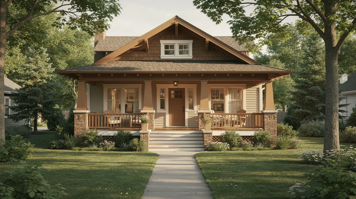 9469ad12-e683-44ea-b124-cc8cc6a5adea - Ranch Style Homes USA A beautiful craftsman style home features a wide front porch supported by tapered columns, nestled among mature trees. This traditional two-story design exemplifies quality craftsmanship and offers a welcoming space that embodies the dream of a perfect home.