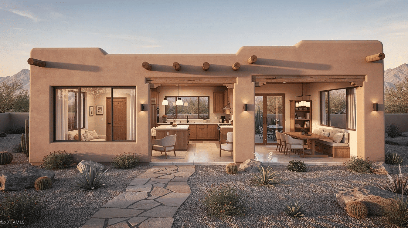 95e5519a-2460-4af9-98f6-8bfc9b553e13 - Ranch Style Homes USA The image showcases a family-sized Santa Fe style house plan, featuring spacious layouts between 2,000 to 3,000 sq ft. It highlights private master suites and two family bedrooms separated by traditional hallways, along with large kitchens and multiple living areas designed for both casual and formal gatherings.