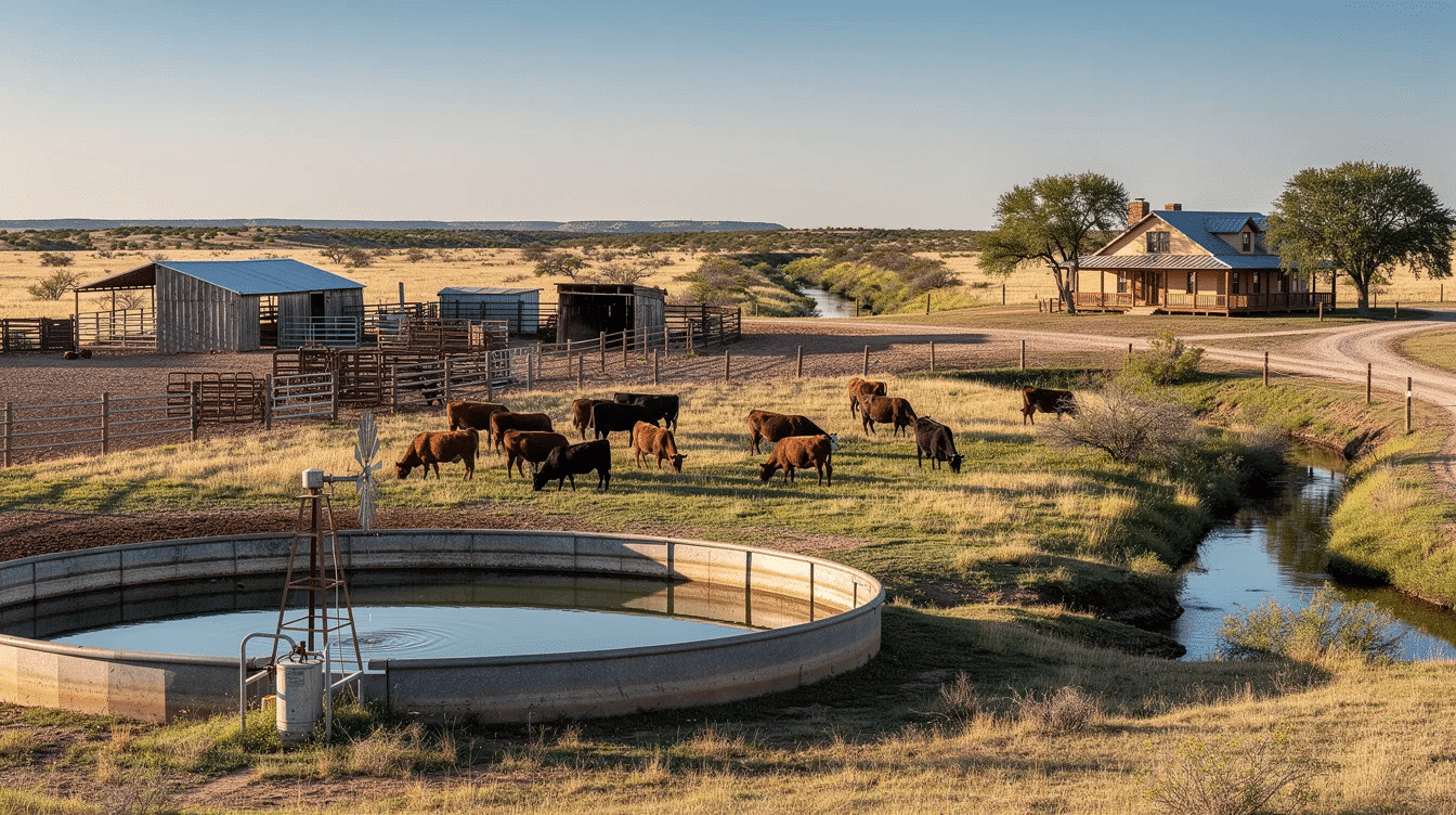 96b3b7ca-ff26-4520-a10b-6fdc1b2bd5f1 - Ranch Style Homes USA The image depicts a sprawling west Texas ranch, showcasing vast grazing land dotted with native grasses, a reliable water source such as a creek, and essential livestock infrastructure including barns and corrals. This family-owned property reflects a rich heritage of cattle operations, emphasizing the importance of quality land and water access in the heart of Texas.