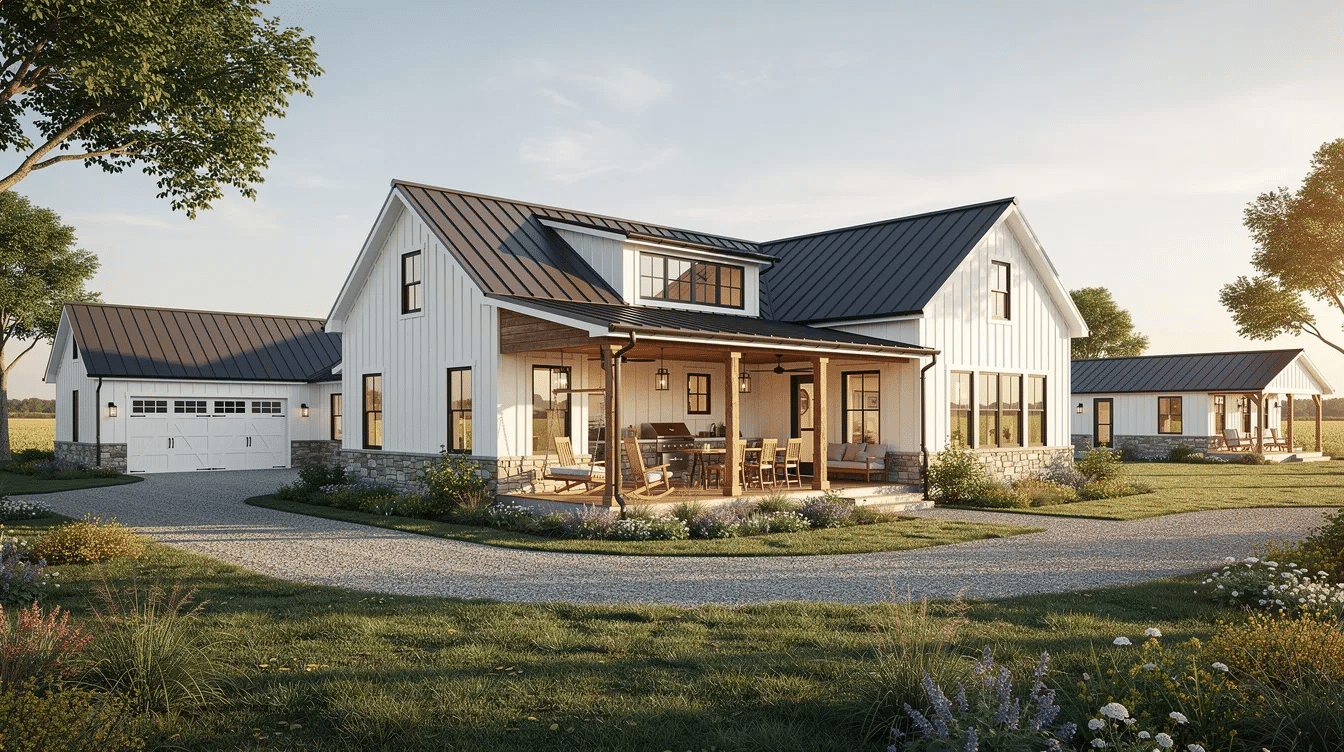 96fddfe7-dc30-491b-bc4a-926b3fbb7695 - Ranch Style Homes USA The image showcases a modern farmhouse design featuring expansive outdoor living spaces, including a large covered porch and an outdoor kitchen, all designed with rustic charm and contemporary elements. The house has a two-story layout with clean lines, large windows, and natural stone foundations, reflecting a perfect balance of traditional character and modern functionality in a rural setting.