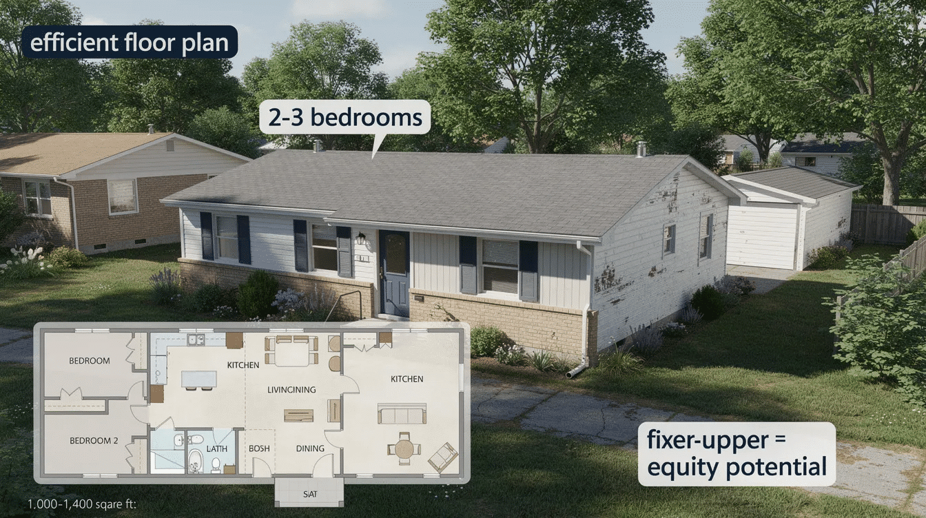 9759ad4d-0ec2-4a7e-83b4-e2a23ad3fcb6 - Ranch Style Homes USA The image showcases a selection of affordable ranch style homes, each featuring a practical layout with 1,000-1,400 square feet of space, 2-3 bedrooms, and a full bath. These single story homes emphasize good bones and efficient designs, perfect for those looking to invest in fixer-uppers in welcoming neighborhoods.