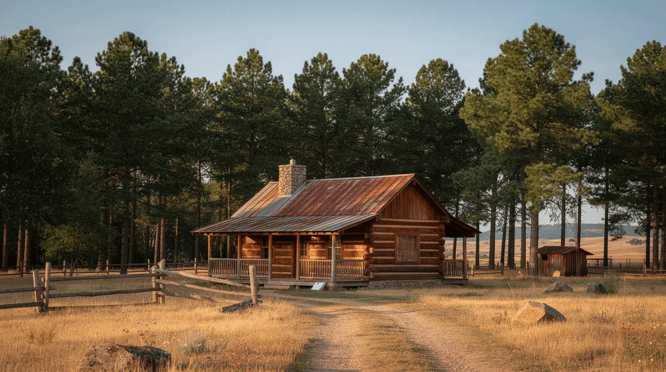 9b5c3a6c-b519-4ba2-a135-200b0577c8ff - Ranch Style Homes USA A rustic log cabin sits on a ranch property, surrounded by tall pine trees, creating a serene atmosphere ideal for ranch owners. This picturesque setting highlights the potential for profitable ranch operations, including livestock management and recreational leases.
