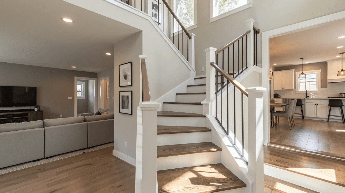 9c802637-e160-4fc1-bee8-43f35c18d42e - Ranch Style Homes USA The image shows the interior view of a half flight stairway connecting the upper level and lower level of a split level home. The design features a landing that leads to the main living area, enhancing the flow between the dining room and family room.
