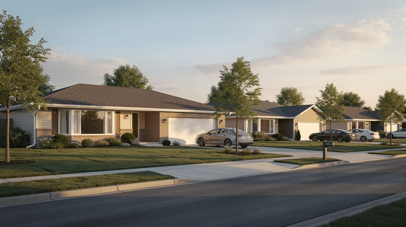 9c9fab7f-495f-4f54-873a-2b4b9bcc0869 - Ranch Style Homes USA The image features a collection of ranch-style homes for sale in Raleigh, NC, showcasing their spacious layouts and inviting exteriors. The homes are depicted in a suburban setting, highlighting the appeal of real estate options available in this area.