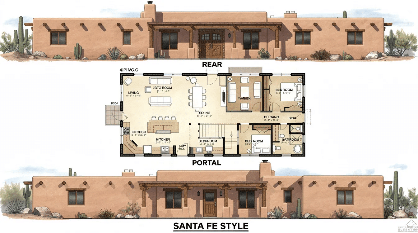 9d8aaeef-d3cc-45b0-8224-0eb1be9e4a7e - Ranch Style Homes USA The image features a collection of Santa Fe style house plans, showcasing various designs with flat roofs, stucco exterior walls, and rounded edges. The floor plans include details for family bedrooms, a dining room, and a kitchen, all designed with the unique southwestern style that characterizes Santa Fe homes.