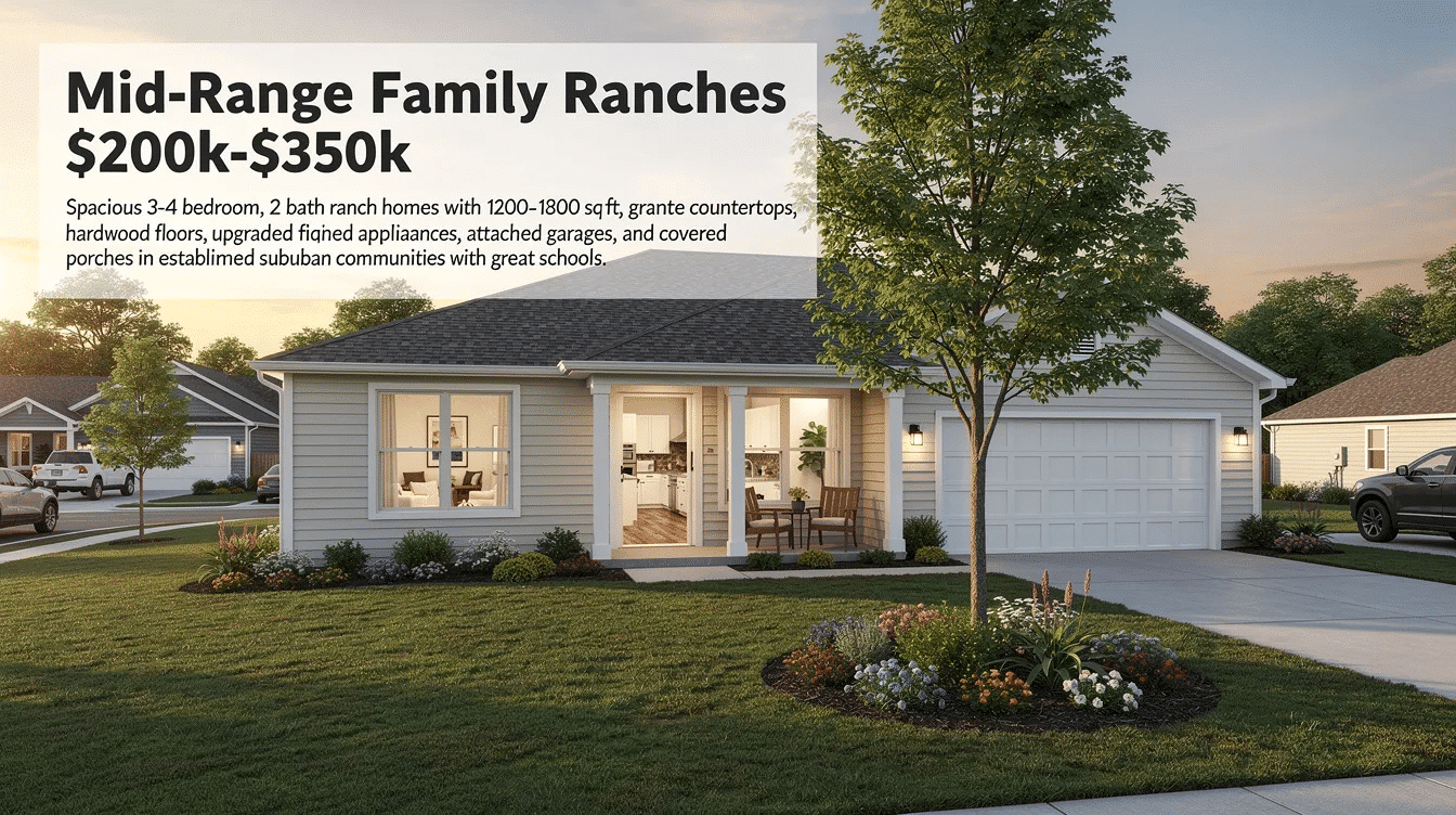 9df2f381-823b-4baa-a0c3-19d9641f5f57 - Ranch Style Homes USA The image showcases a collection of mid-range ranch style homes, featuring spacious layouts ranging from 1,200 to 1,800 square feet, with 3-4 bedrooms and 2 bathrooms. These affordable ranch houses, located in established suburban communities, highlight modern features like granite countertops and hardwood floors, along with inviting covered porches and attached garages.